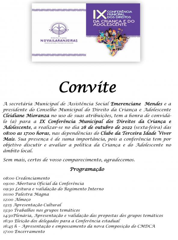CONVITE - IX CONFERENCIA MUNICIPAL DOS DIREITOS DAS CRIANÇAS E ADOLESCENTES 